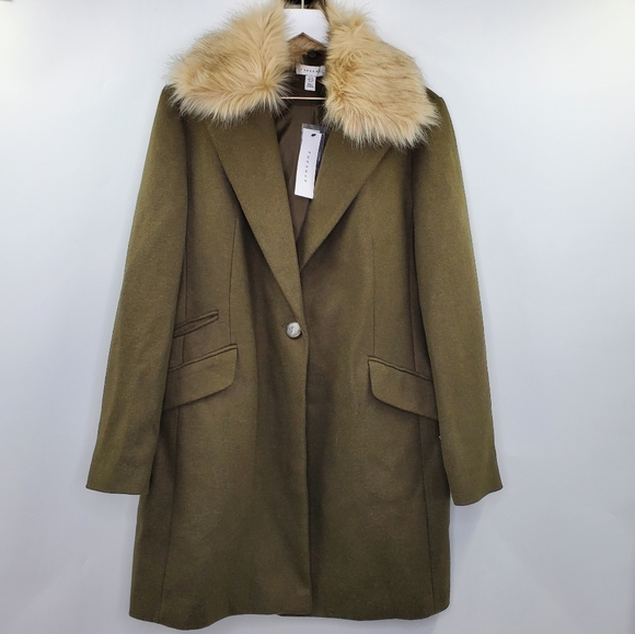 Topshop Jackets & Blazers - TOPSHOP Monica Faux Fur Collar Coat Olive NEW